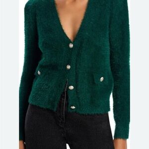 Aqua Eyelash V Neck Cardigan in Hunter Green
